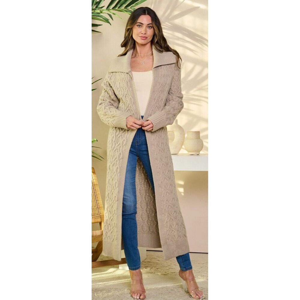 Women's Long Open Front Knit Cardigan Size L Oatmeal Long Sleeve Duster Sweater - Picture 2 of 6